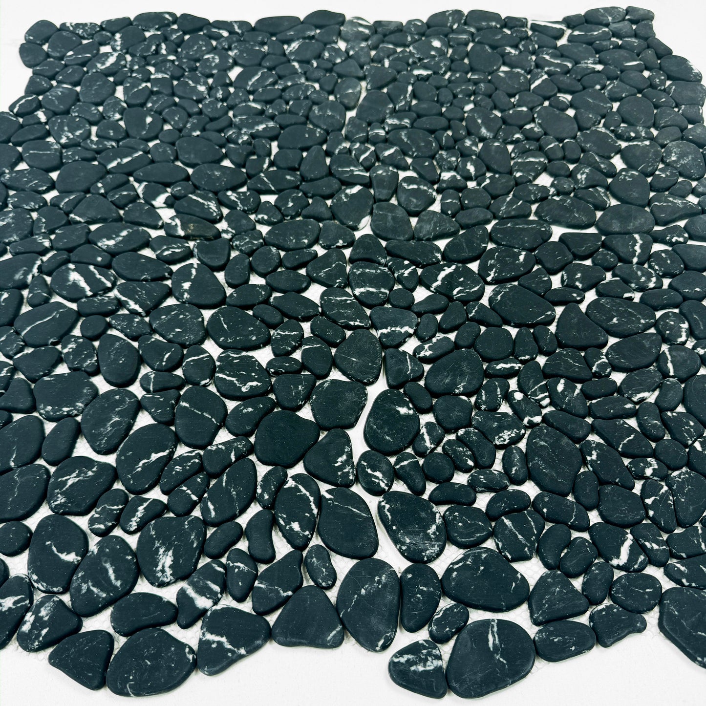 Pebble Serenade Black With White Vein Semi-Matte Irregular Round Shape Artificial Pebble Stone Mosaic