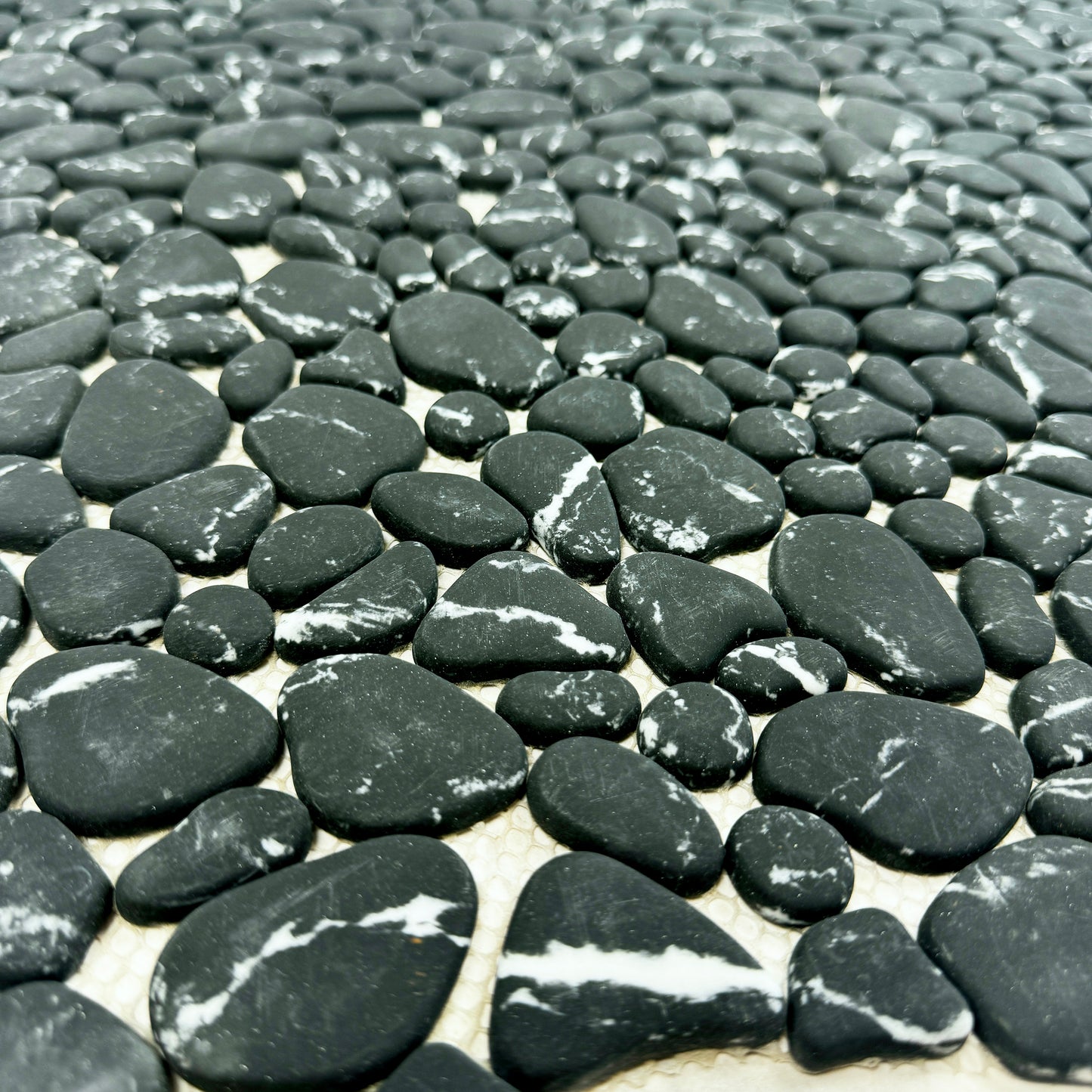 Pebble Serenade Black With White Vein Semi-Matte Irregular Round Shape Artificial Pebble Stone Mosaic