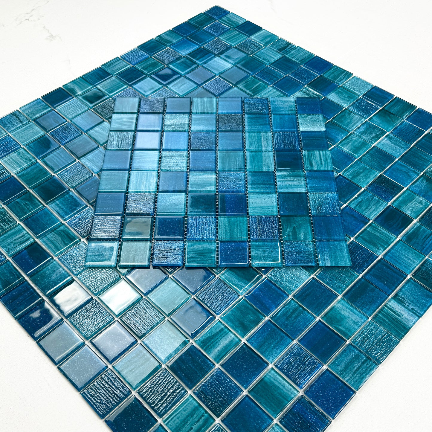 Noble Haven Tiffany Blue &French Blue & Sapphire Blue Mixed Cloud Hand-Drown Crystal Glass Mosaic