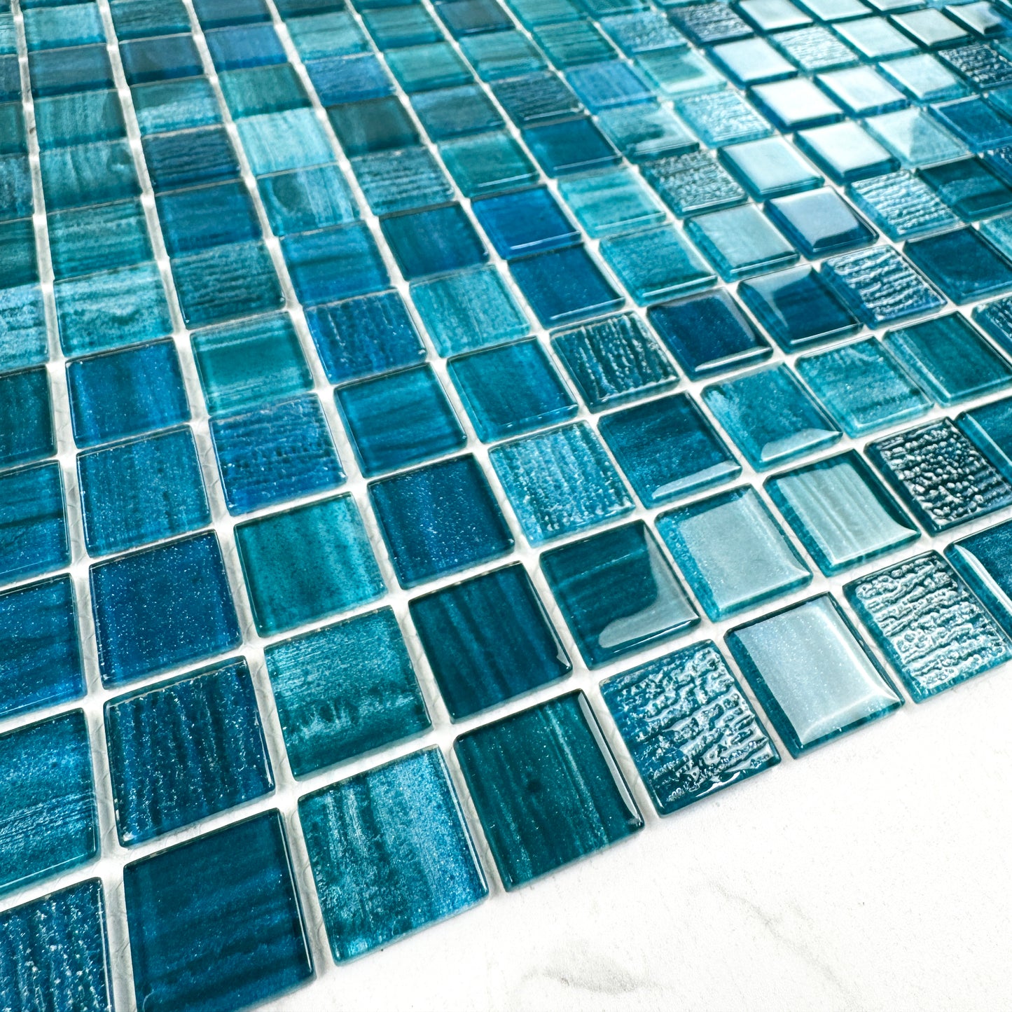 Noble Haven Tiffany Blue &French Blue & Sapphire Blue Mixed Cloud Hand-Drown Crystal Glass Mosaic