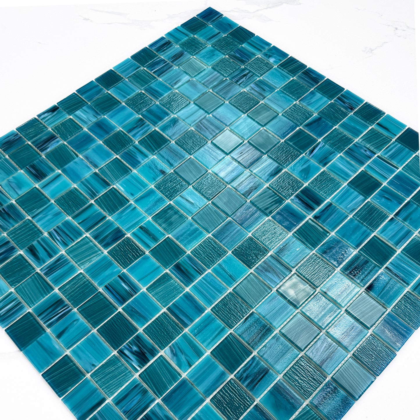 Noble Haven Teal Blue Cloud Hand-Drown Crystal Glass Mosaic