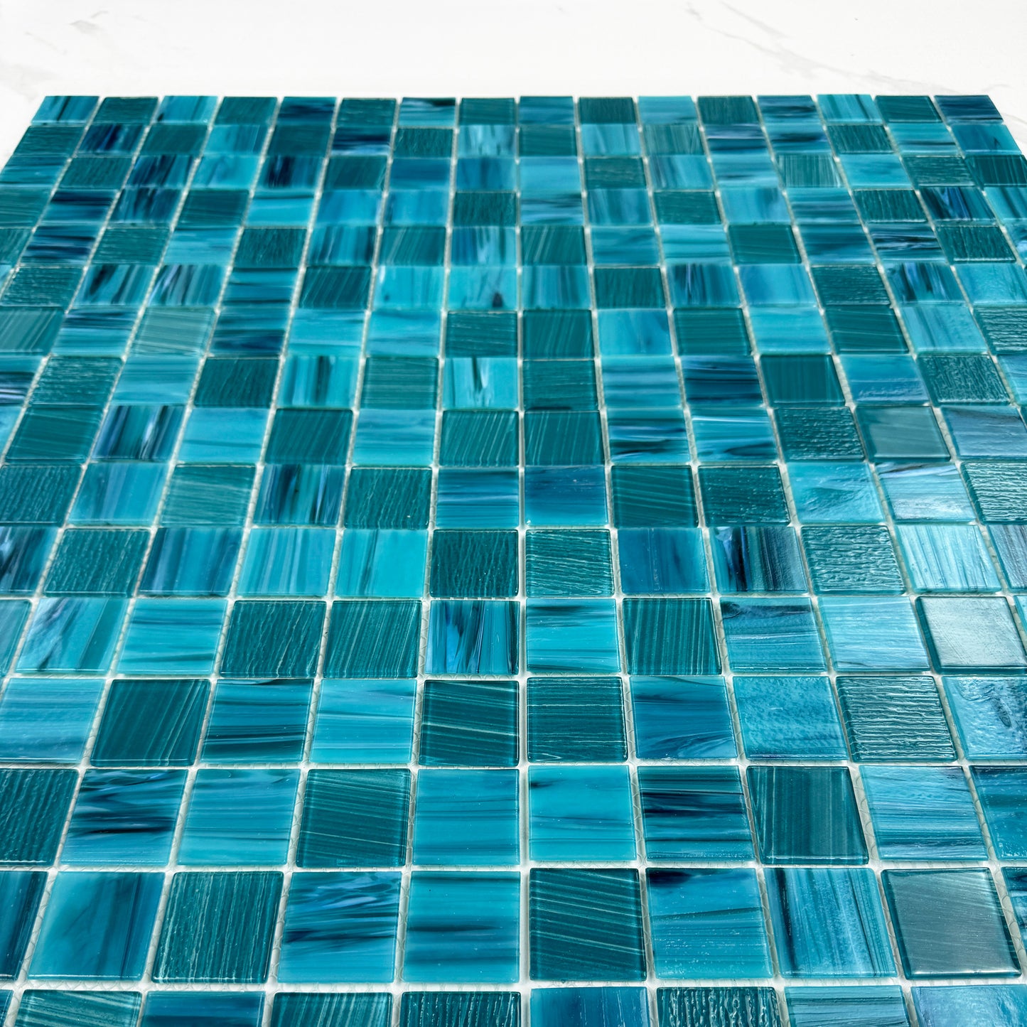 Noble Haven Teal Blue Cloud Hand-Drown Crystal Glass Mosaic