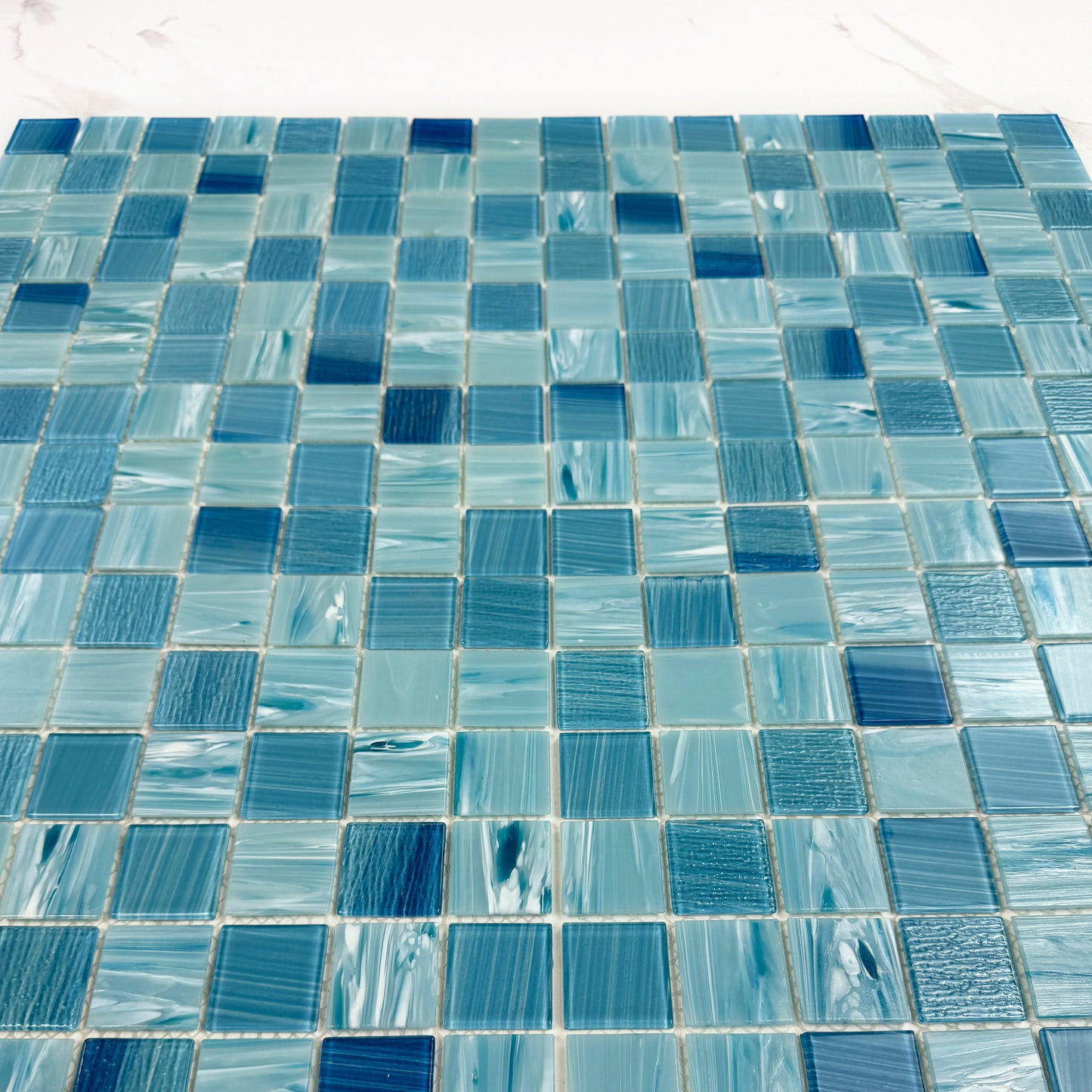 Noble Haven Sky Blue & French Blue Mixed Cloud Hand-Drown Crystal Glass Mosaic