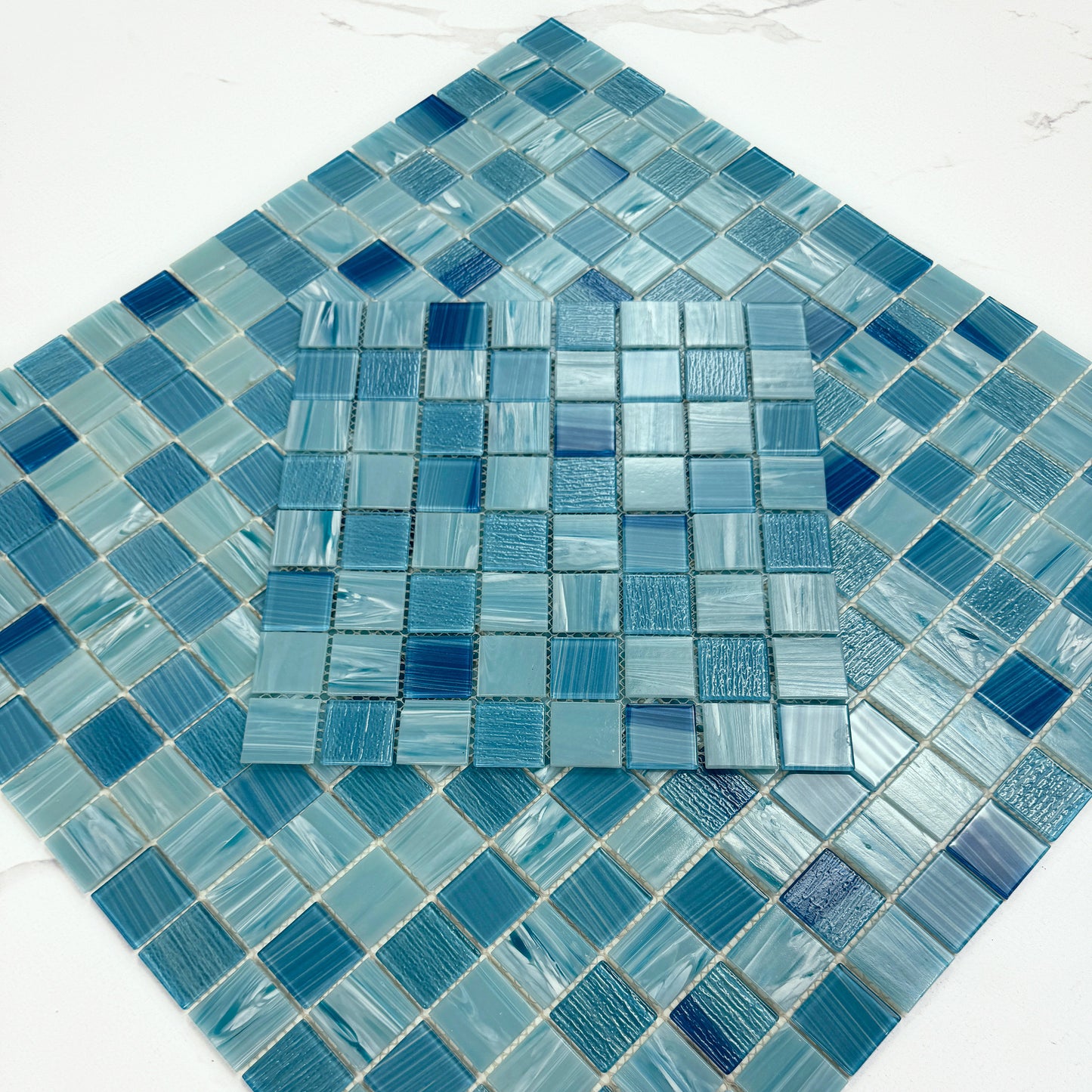 Noble Haven Sky Blue & French Blue Mixed Cloud Hand-Drown Crystal Glass Mosaic