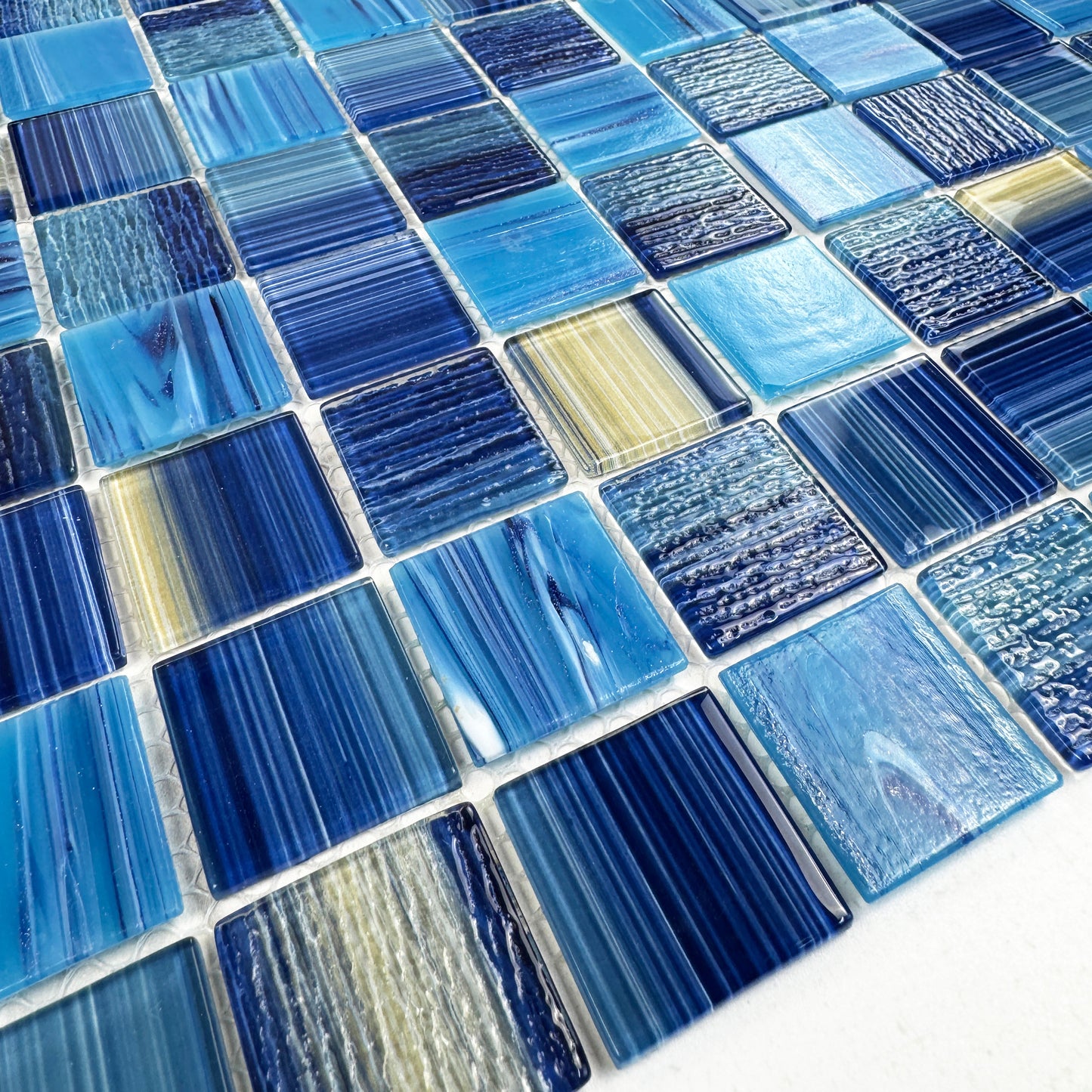 Noble Haven Light Blue & Navy Blue & Golden Color Mixed Cloud Hand-Drown Crystal Glass Mosaic