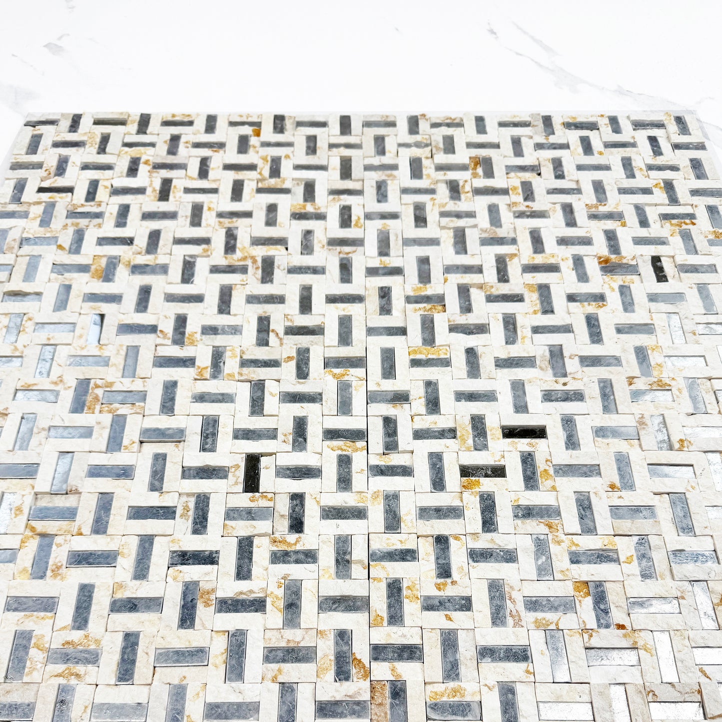 Radiant Eclipse Sunny Beige & Siliver Stainless Steel Split Woven Shape Marble Mosaic