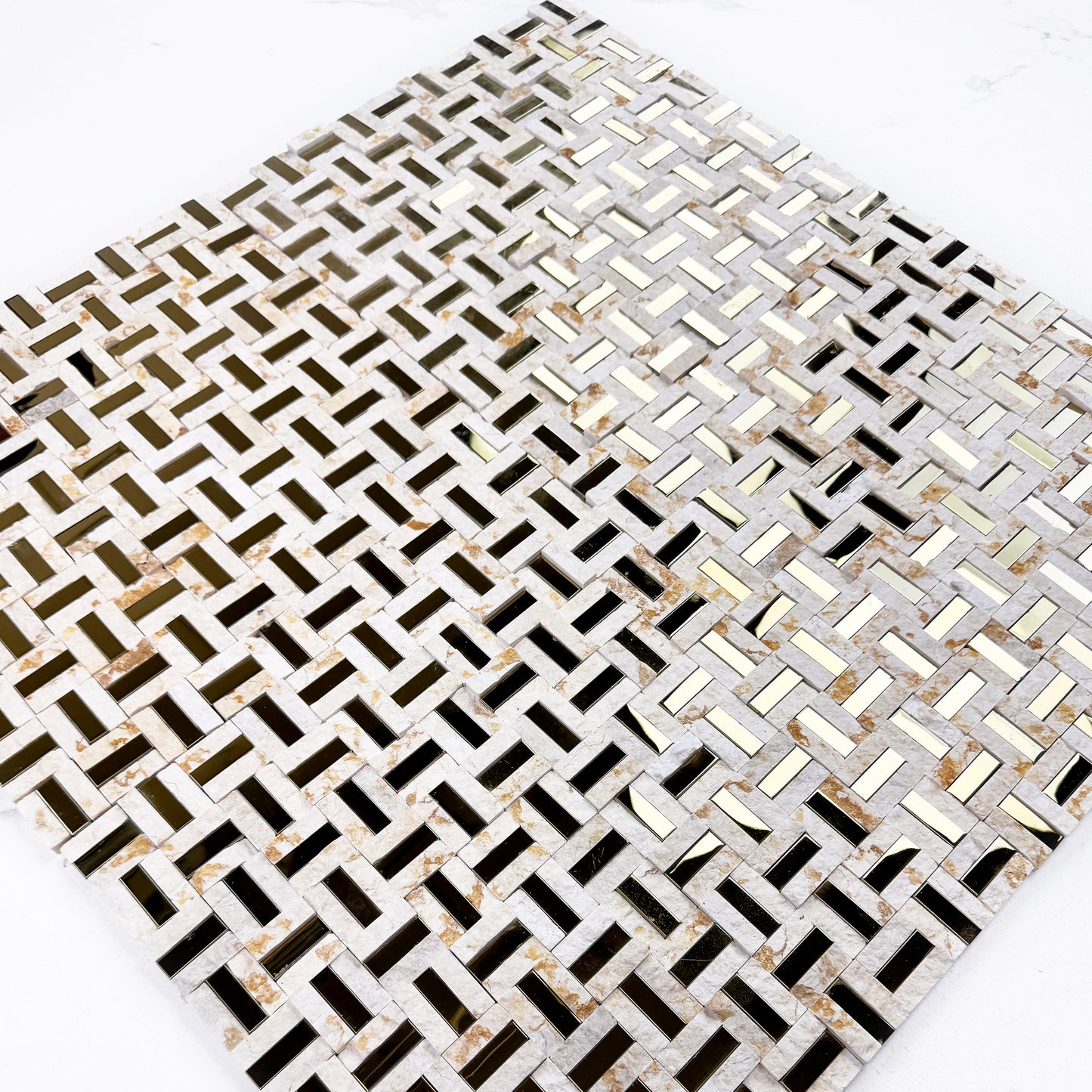 Radiant Eclipse Sunny Beige & Golden Stainless Steel Split Woven Shape Marble Mosaic