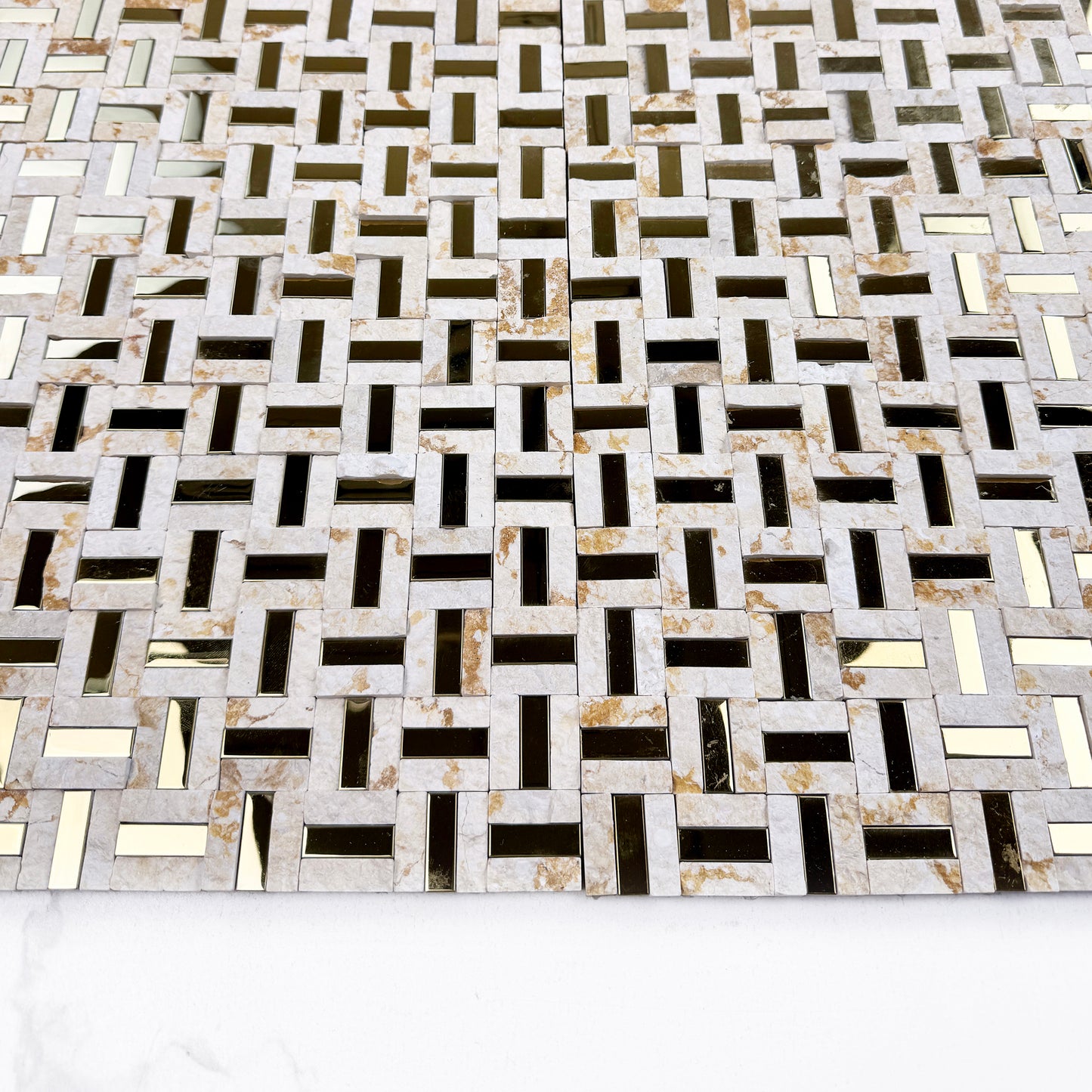 Radiant Eclipse Sunny Beige & Golden Stainless Steel Split Woven Shape Marble Mosaic