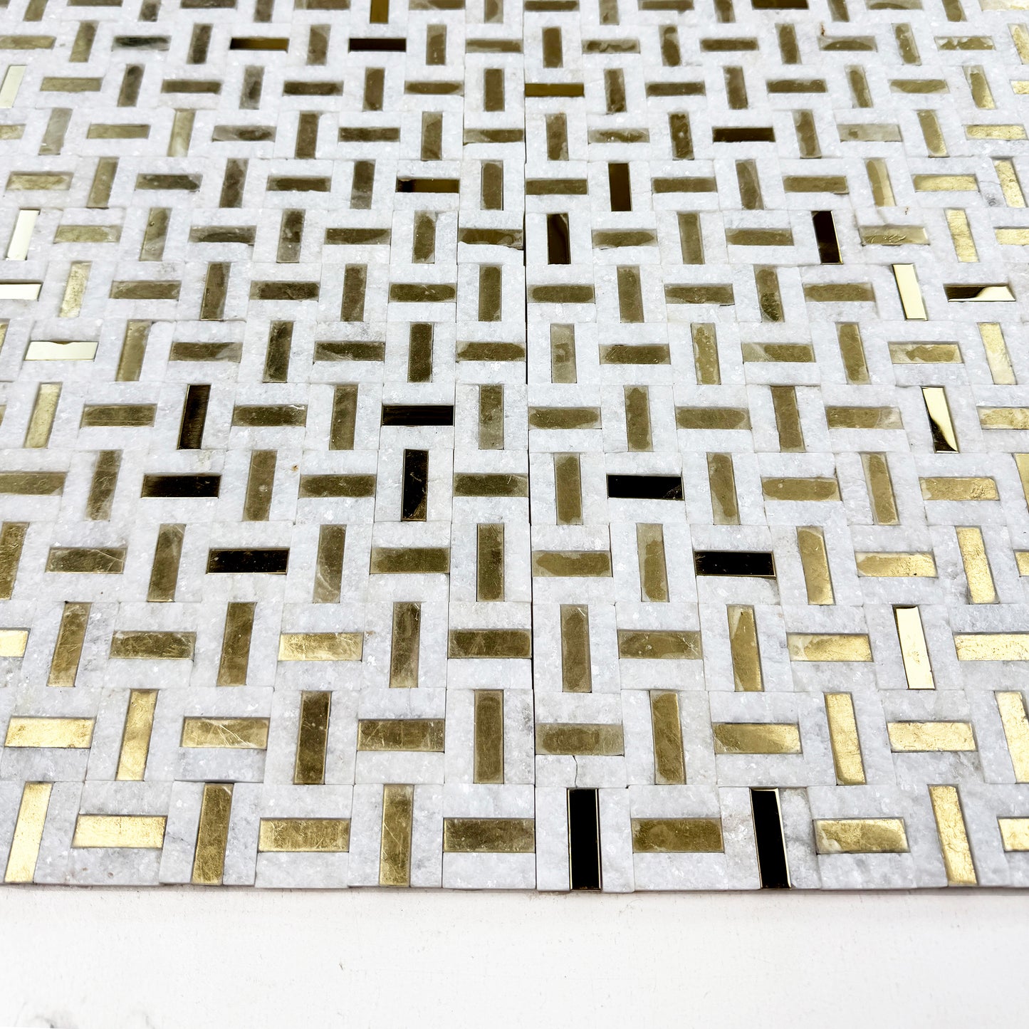 Radiant Eclipse Kwong Sal White & Gold Stainless Steel Split Woven Shape Marble Mosaic