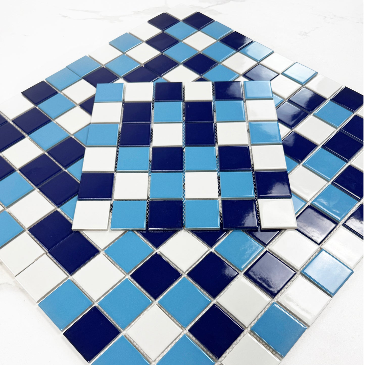 Azure Harmony White & Light Blue & Midnight Blue Mixed  Ordinary Glazed Porcelain Mosaic