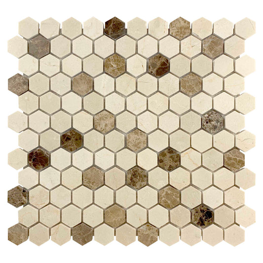 Super Crema Marfil, Emperador Light,Dark Emperador Marble Mix Hexagon Mosaic 25x25mm